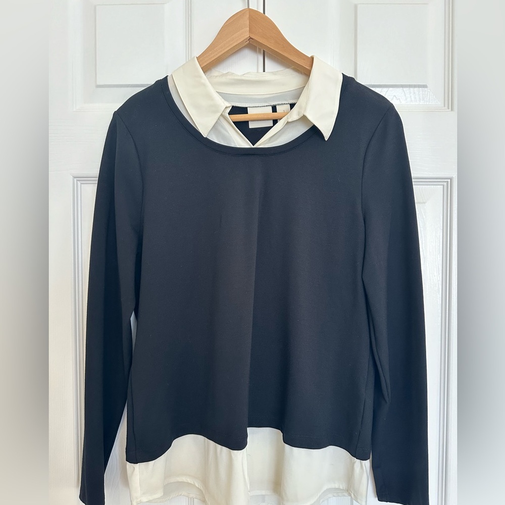 Chico's Sweater Over Collared Shirt Layer Combo One Piece Black White Blouse M